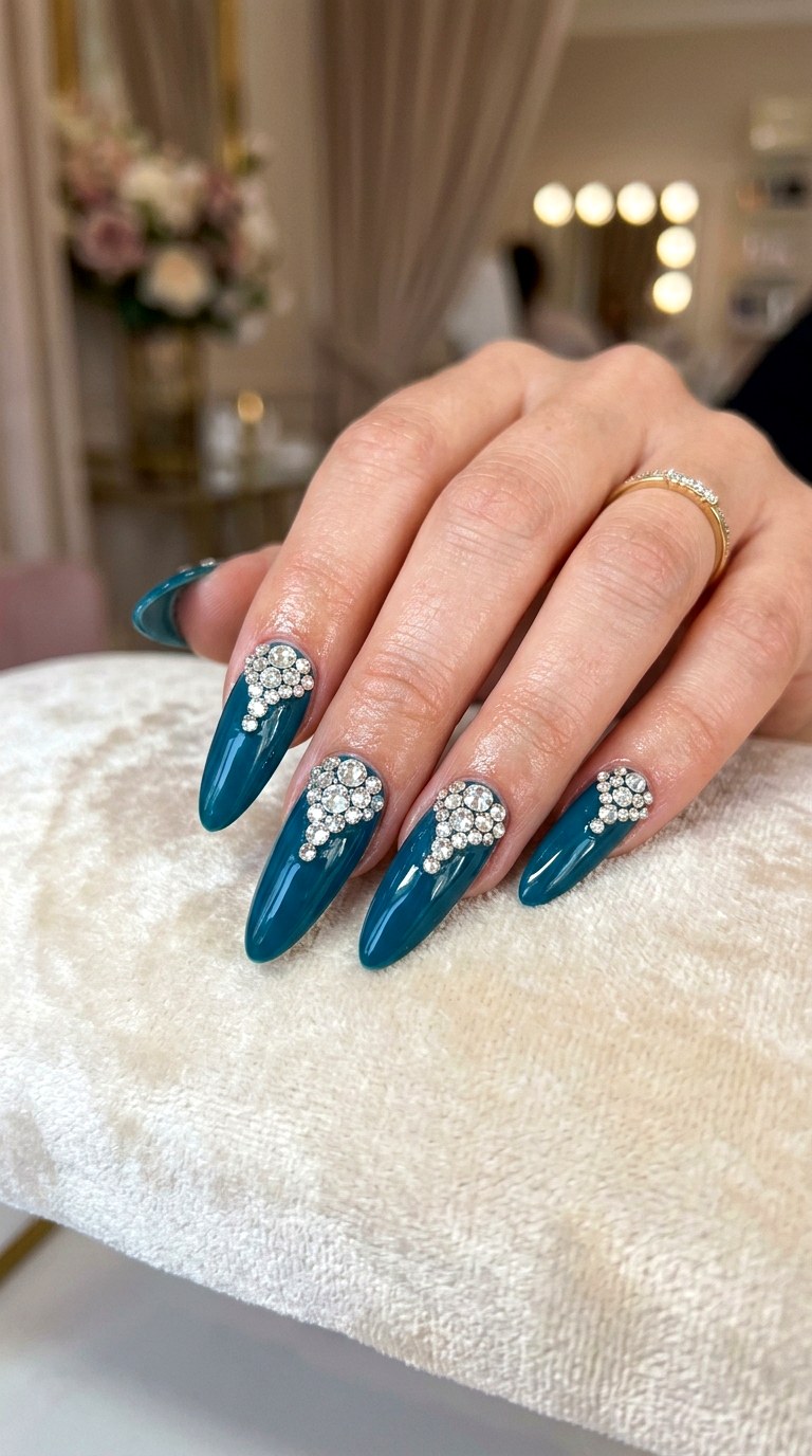 Rhinestone Studded Teal Nail Art - 24 Teal Nail Art Ideas