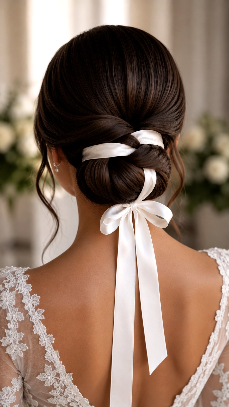 Ribbon Wrapped Low Chignon Wedding Style - 25 low bun hairstyles wedding ideas