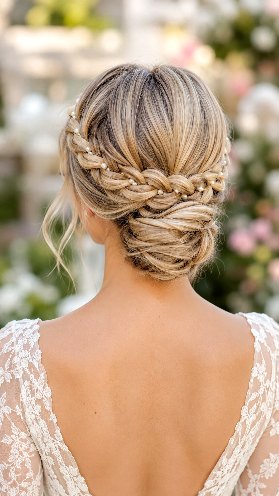 Romantic Braided Crown Low Chignon Style - 25 low bun hairstyles wedding ideas