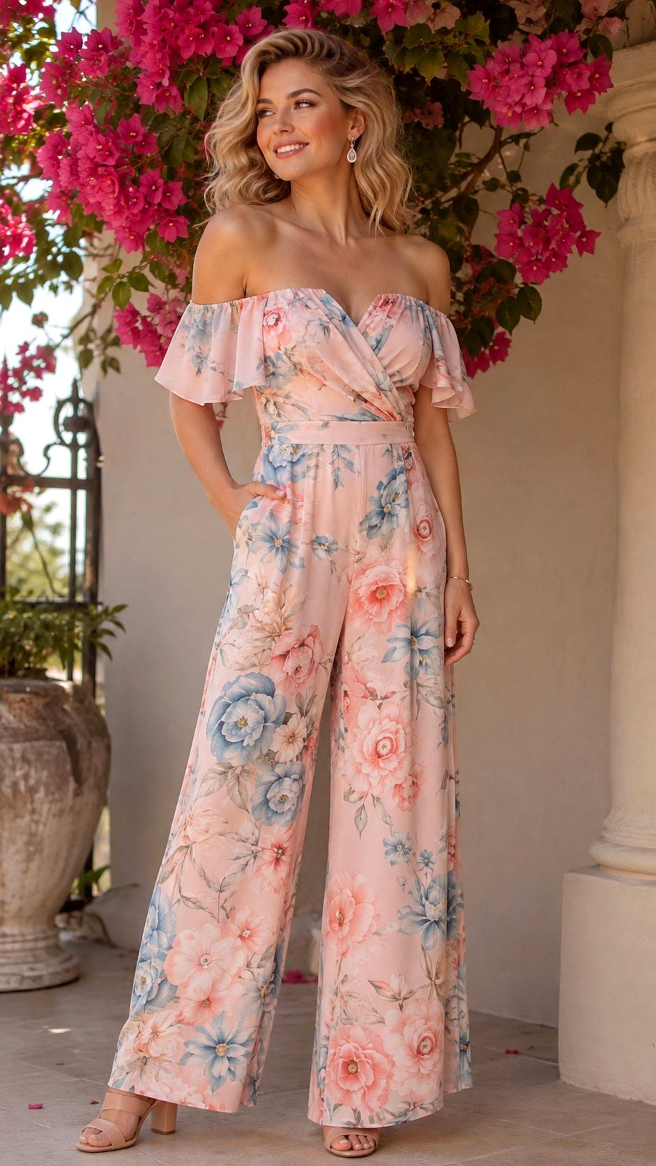 Romantic Off Shoulder Floral Palazzo Jumpsuit - 20 floral palazzo ideas