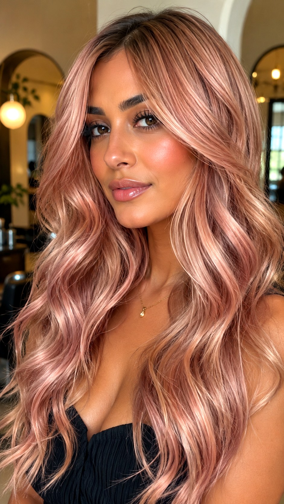 Rose Gold All Over Gloss - 23 Hair Color Ideas for Olive Skin