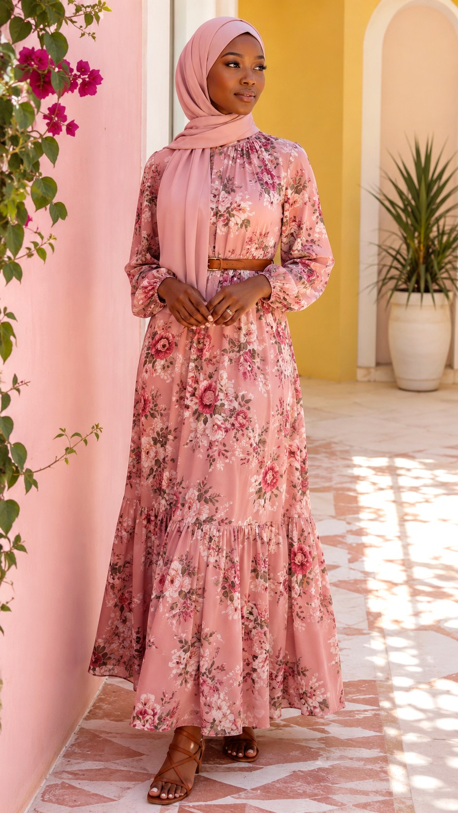 Rose Pink Floral Maxi Dress Hijab - 23 baby pink outfit hijab ideas