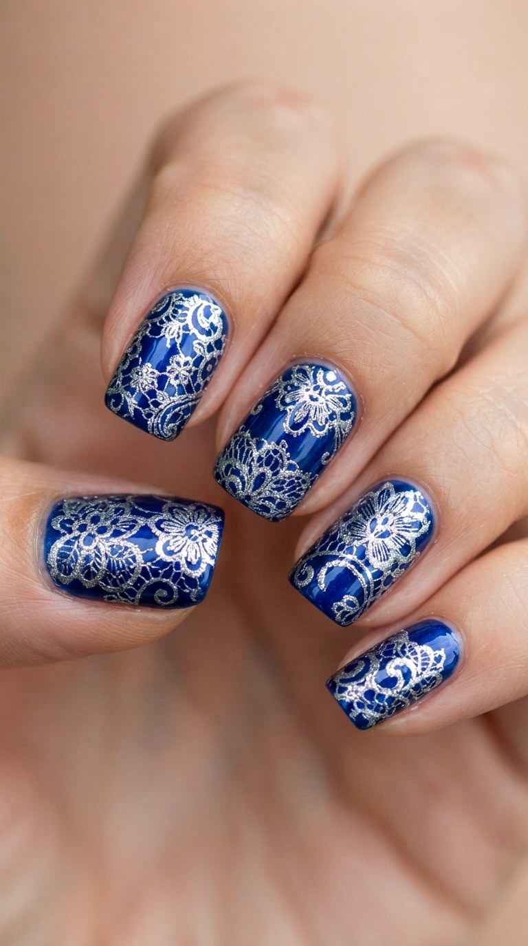 Royal Blue and Silver Lace - 22 lace nail art ideas