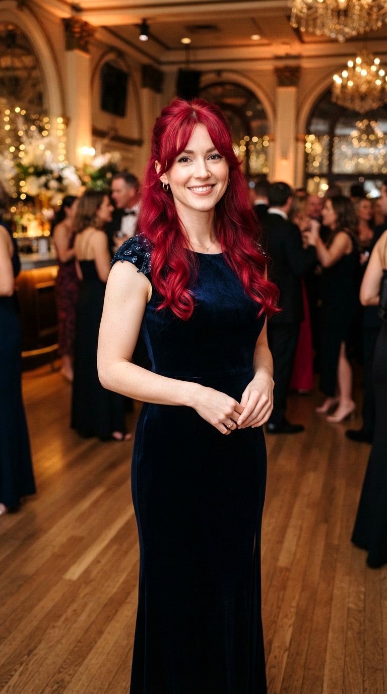 Ruby Red Half Up Style - 21 curtain bangs redhead ideas