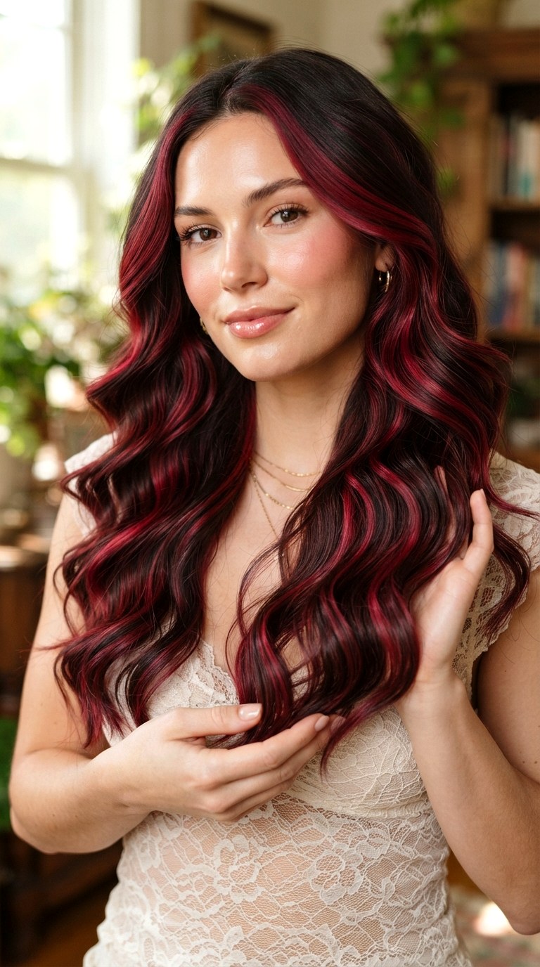 Ruby Red Ribbons on Long Wavy Hair - 22 hair dye ideas highlights