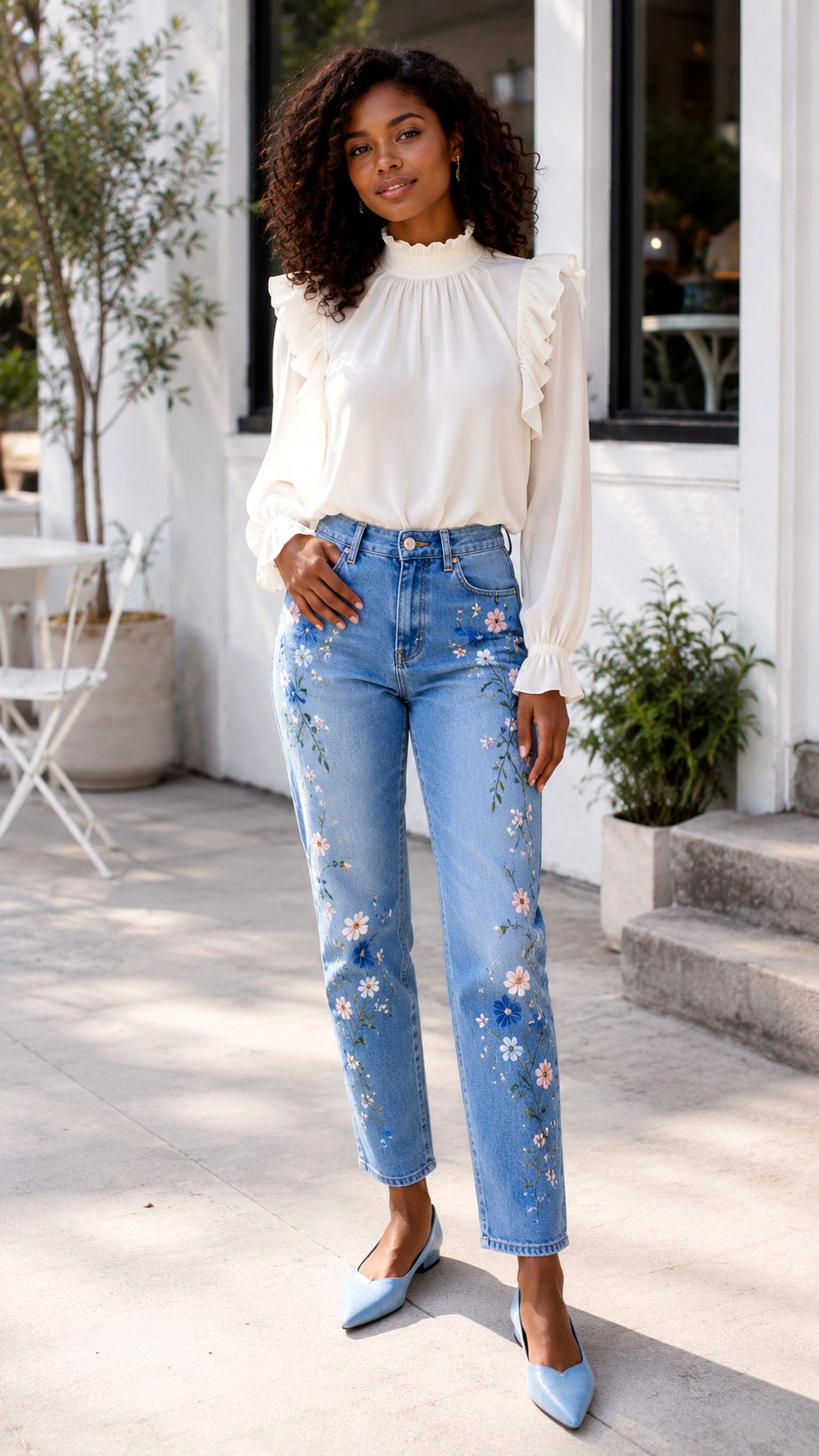 Ruffle Blouse Painted Jeans - 23 senior painted jean outfit ideas