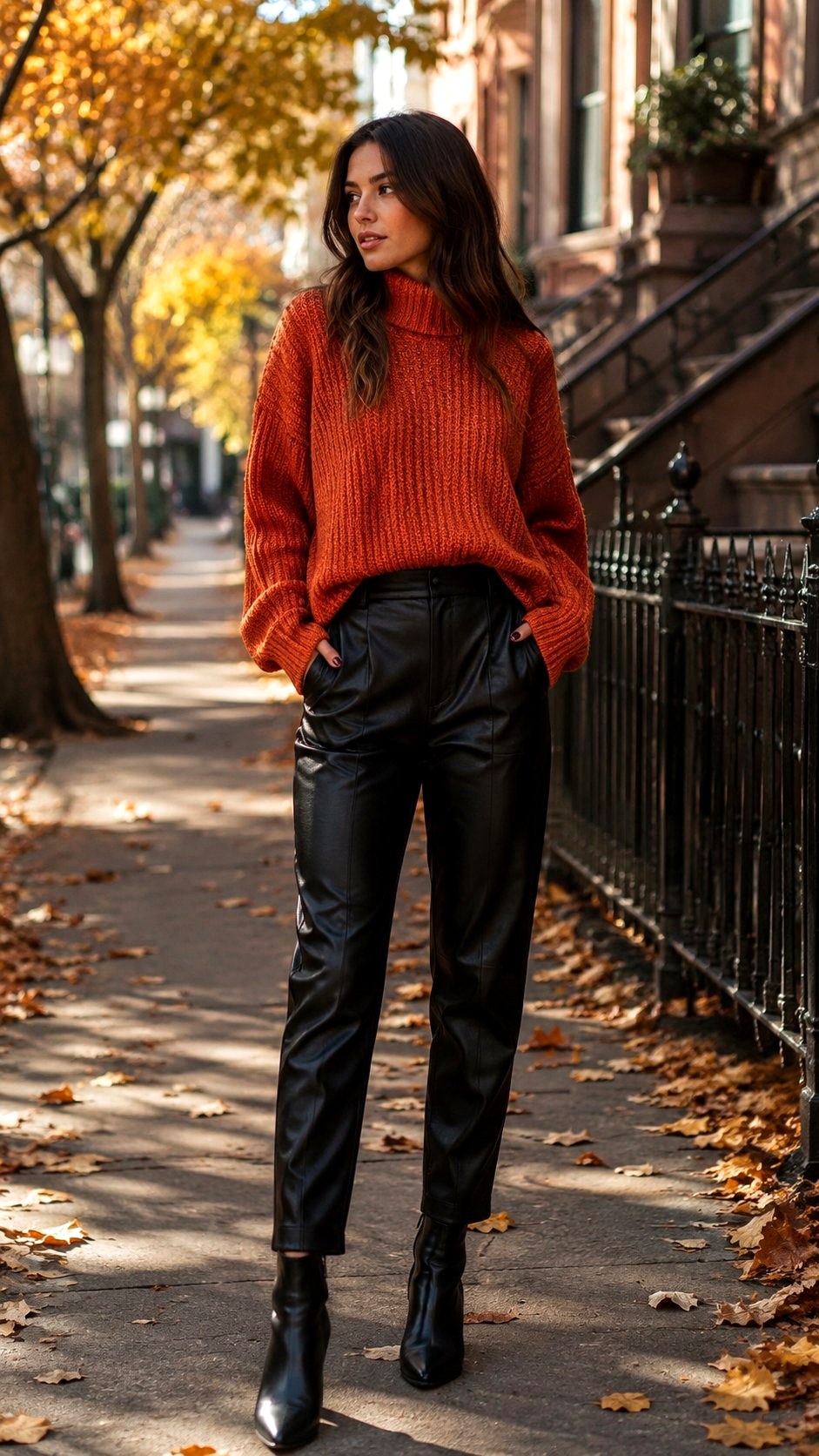 Rust Orange Sweater and Leather Trousers - 21 Orange Shirt Outfit Ideas