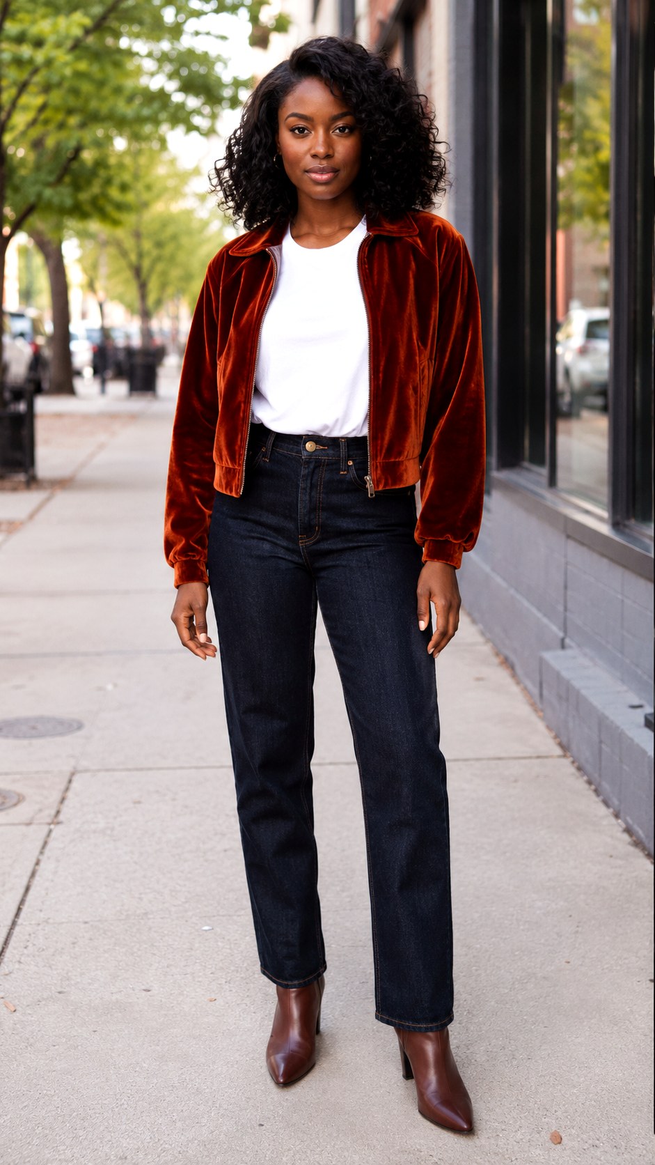 Rust Velvet Jacket and Denim Outfit - 22 deer aesthetic outfit ideas
