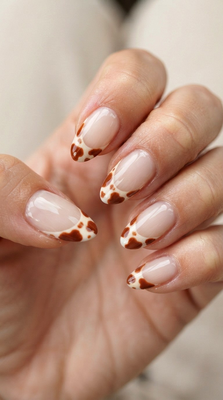 Rust and Cream Cow Print Tips - 20 gel french tip nail art ideas