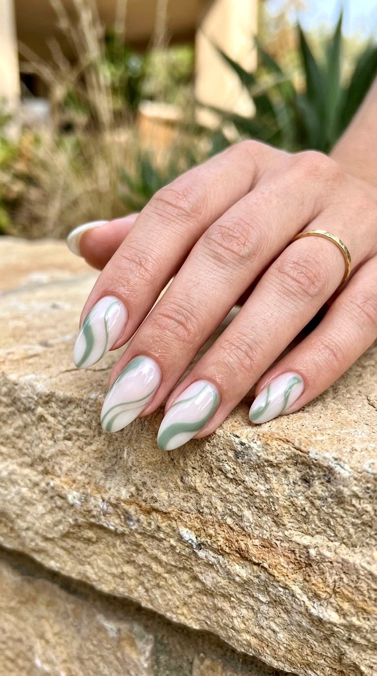 Sage Green Abstract Medium Almond Summer Nails - 20 Medium Almond Summer Nails