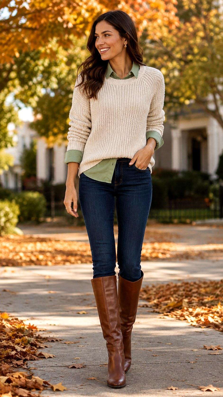 Sage Green Button Down Layered Under Sweater - 22 Sage Green Button-Down Outfit Ideas