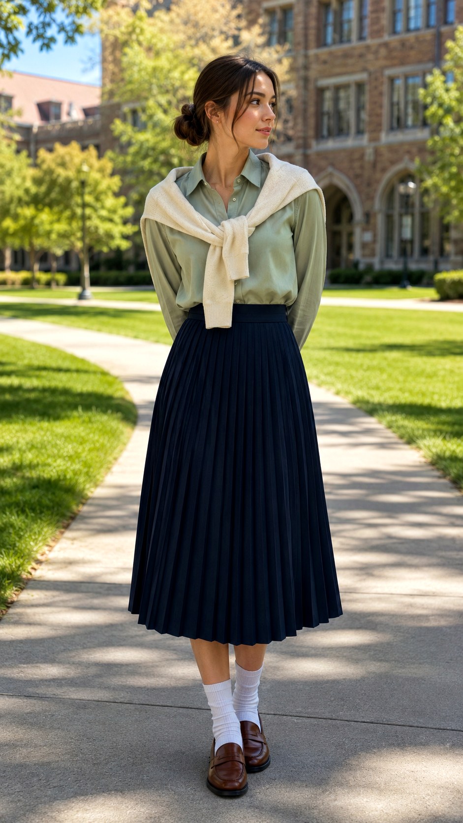 Sage Green Button Down With Pleated Skirt - 22 Sage Green Button-Down Outfit Ideas