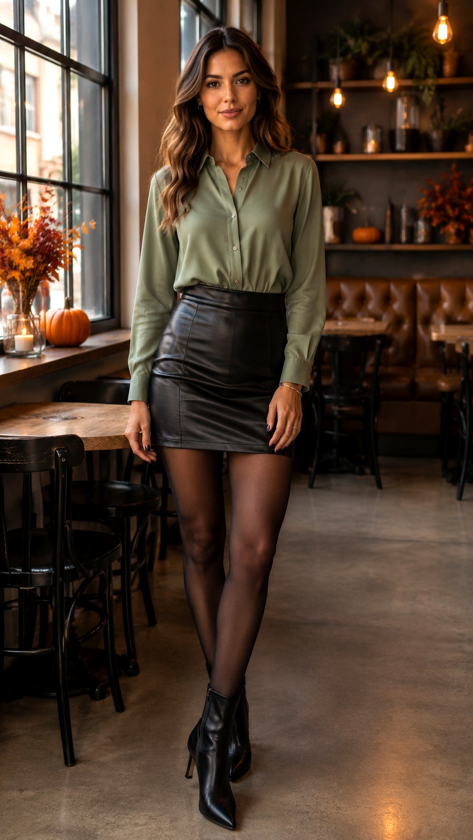 Sage Green Button Down and Faux Leather Skirt - 22 Sage Green Button-Down Outfit Ideas