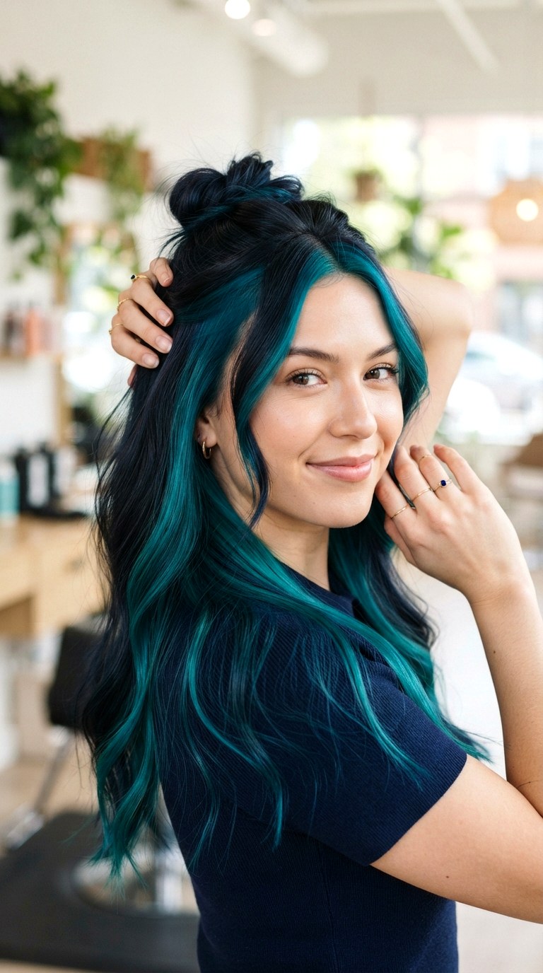 Sapphire Teal Hidden Money Piece - 22 long hair dye ideas