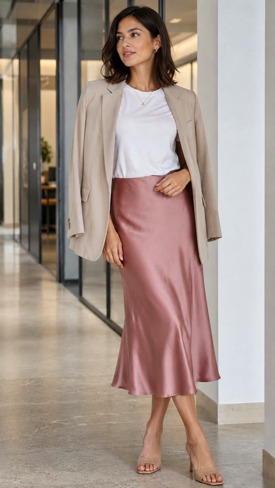 Satin Midi Skirt and Cotton Tee - 20 Professional Summer Outfit Ideas