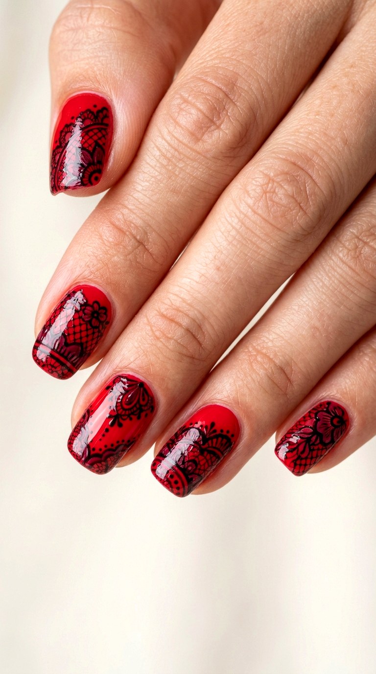 Scarlet Red Lace Accents - 22 lace nail art ideas