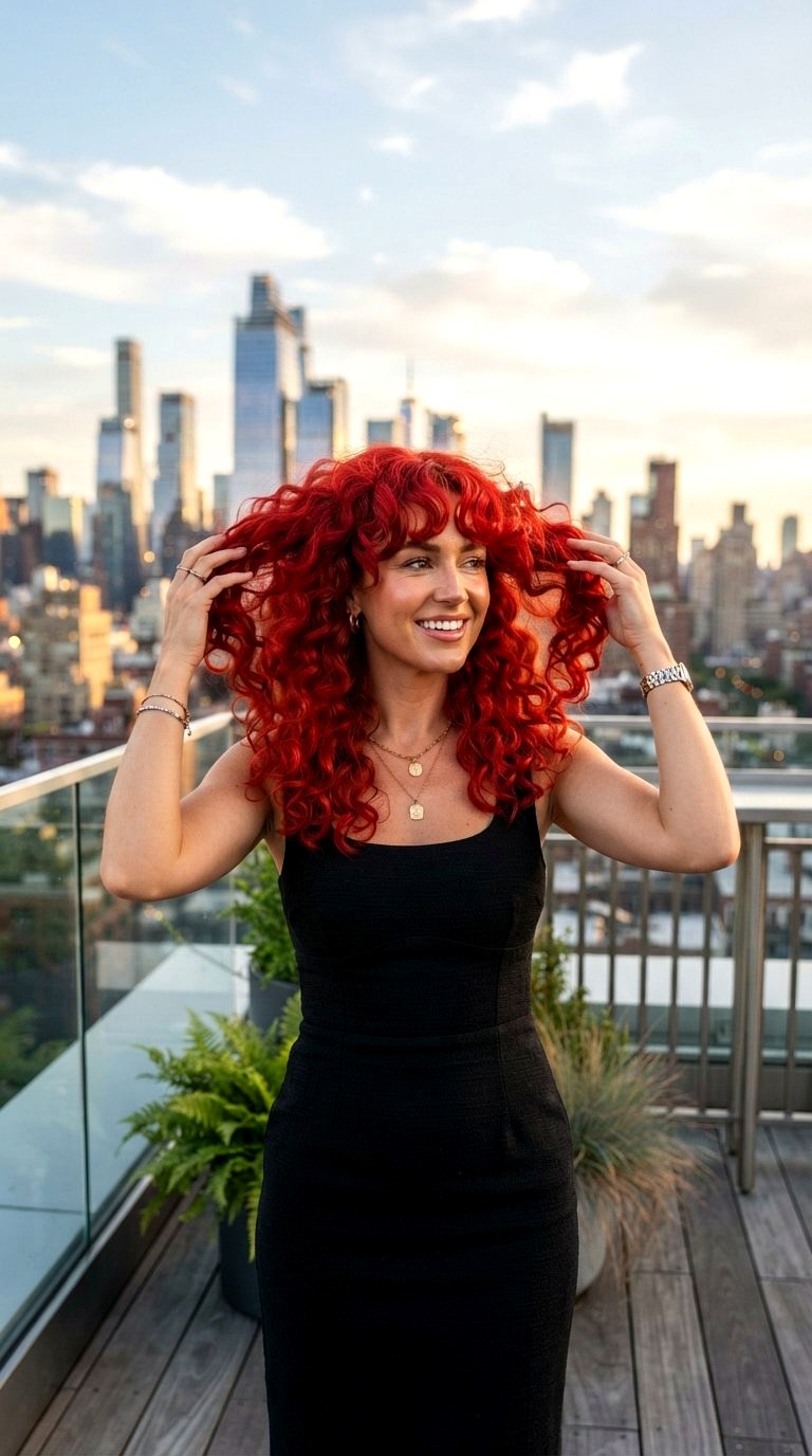 Scarlet Red Voluminous Curls - 21 curtain bangs redhead ideas
