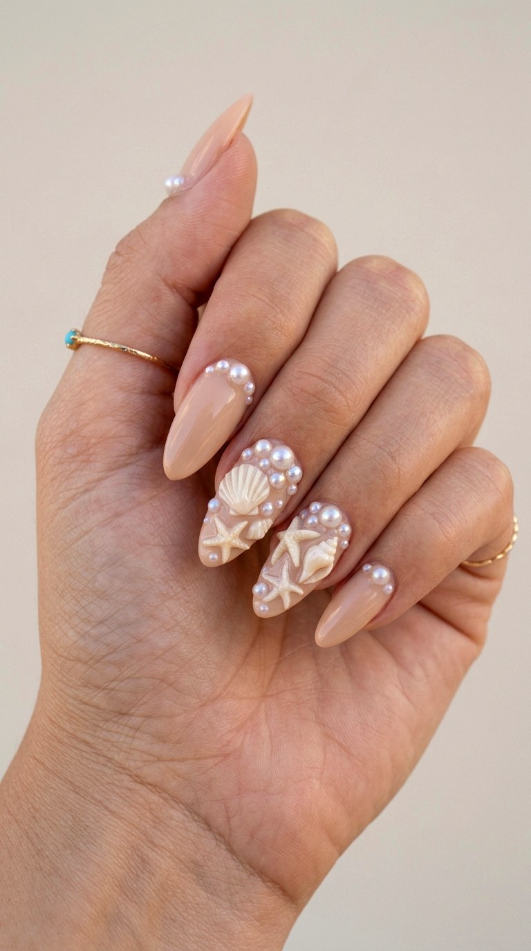 Seashell Pearl Encrusted Beach Nails - 22 Summer Nail Art Ideas