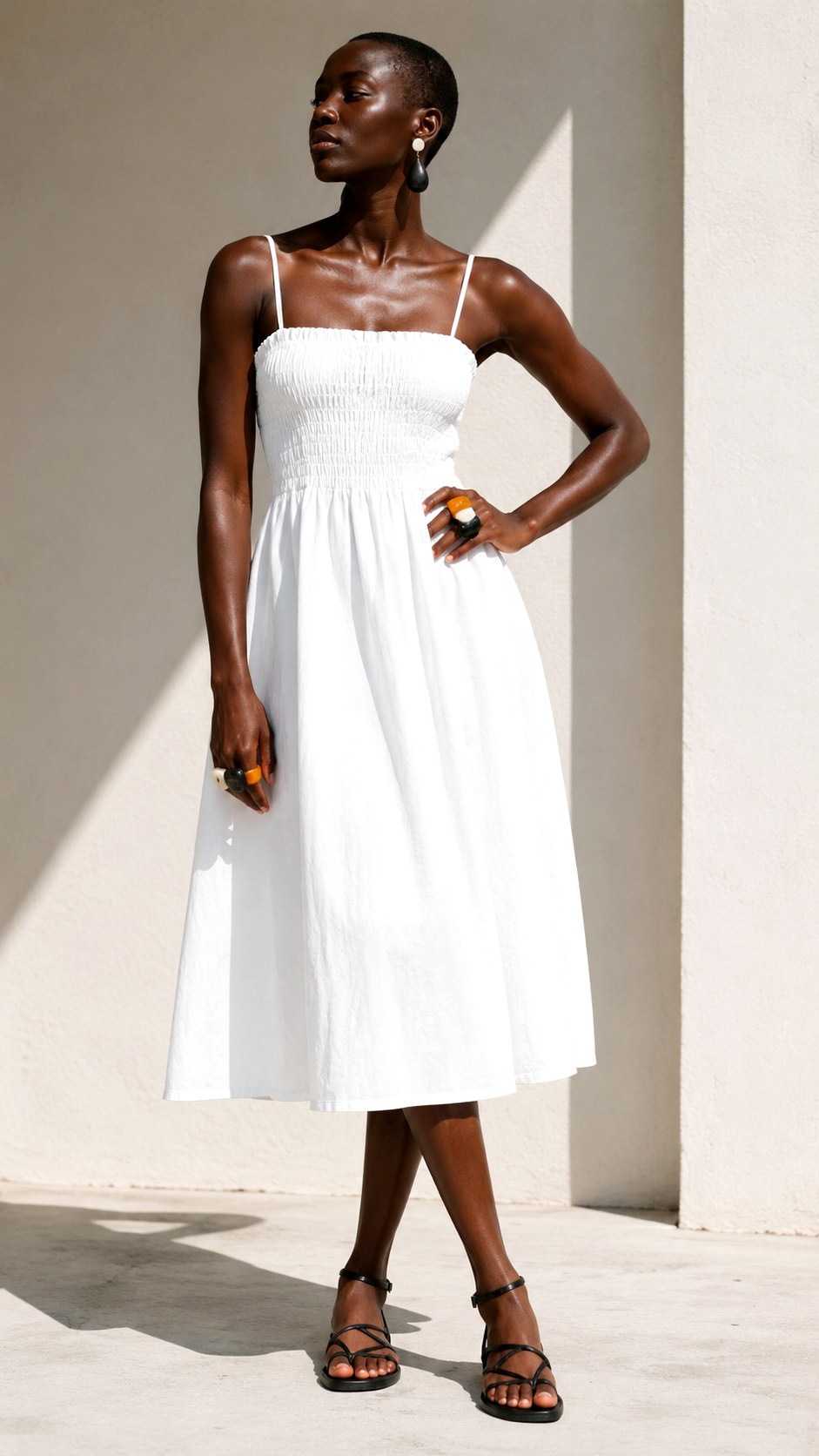 Shirred Bodice White Sundress With Chunky Rings - 21 white sundress outfit ideas