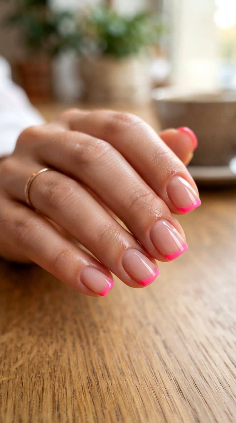 Short Bright Pink French Nails - 22 bright pink french nails