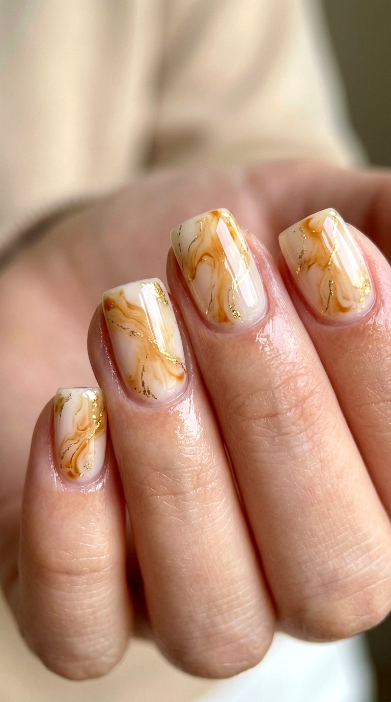 Short Square Honey Stone Nails - 22 Glossy Amber Marble Nails