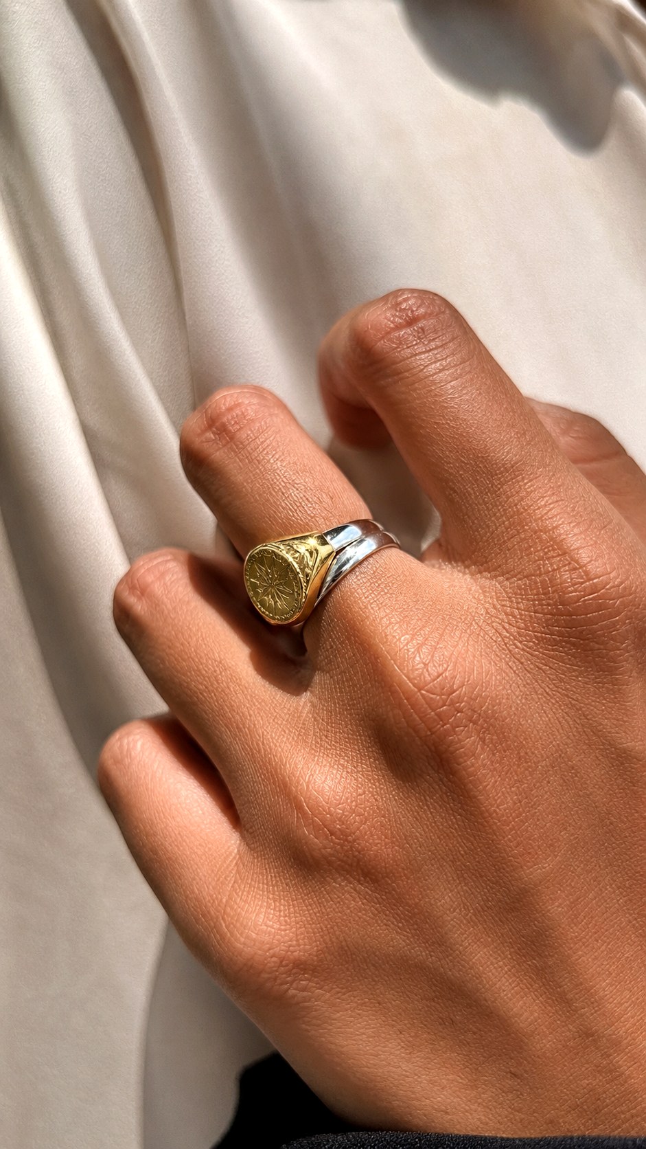 Signet Rings Stacked With Contrasting Bands - 24 gold vs silver jewelry ideas
