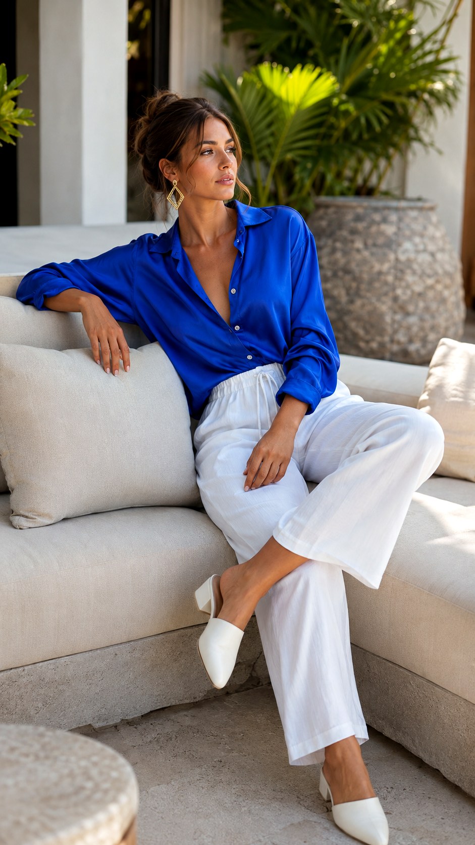 Silk Camp Shirt and Drawstring Pants - 24 Cobalt Blue & White Co-ord outfit Ideas