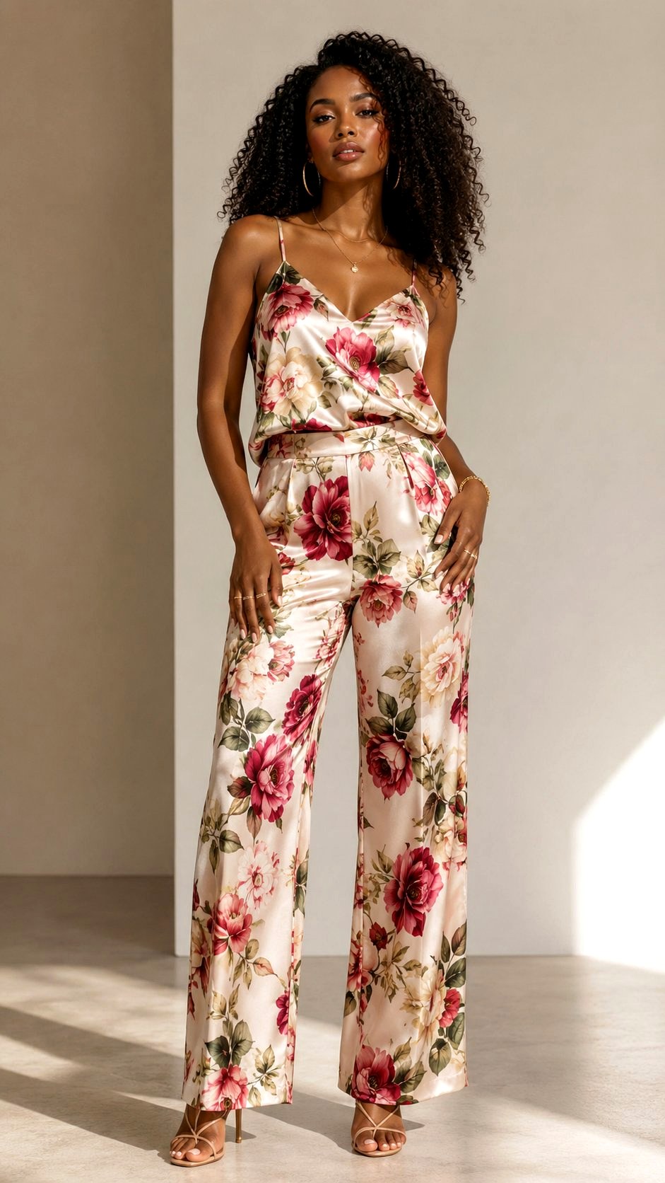 Silk Floral Print Pants and Satin Camisole - 21 floral print pants ideas