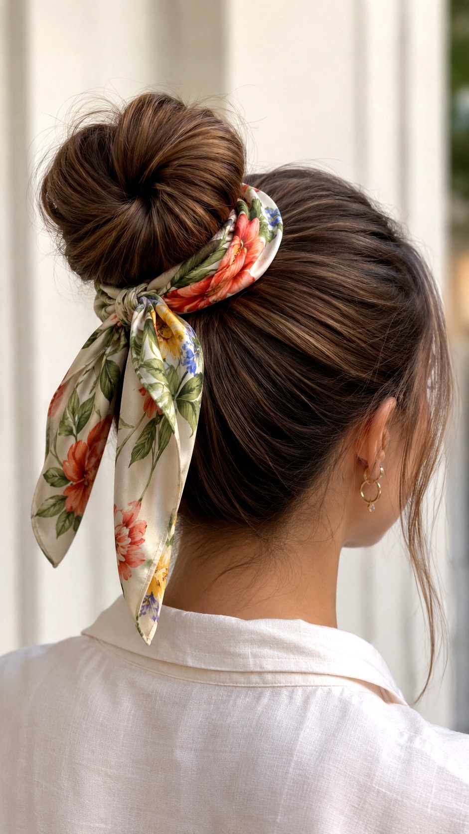 Silk Scarf Wrapped Classic Bun - 21 elegant bun hairstyles classy ideas