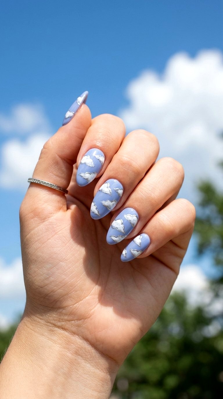 Silver Lined Cloud Nail Art - 20 Summer Acrylic Nail Art Ideas