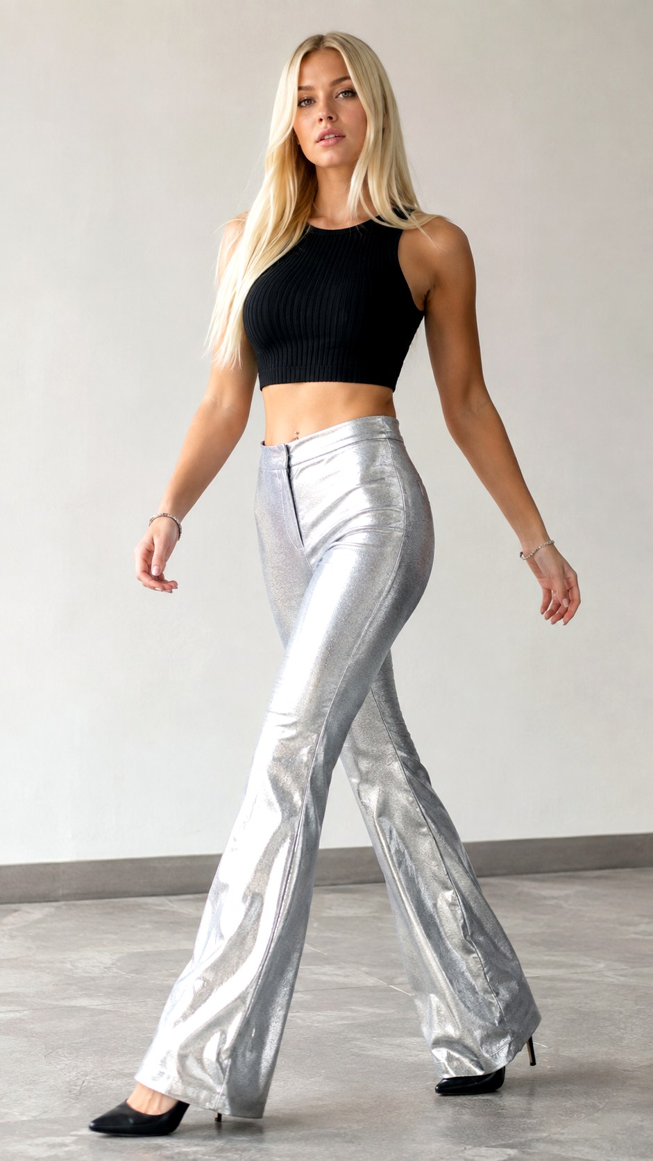 Silver Metallic Flared Homecoming Pants - 22 homecoming pant outfit ideas