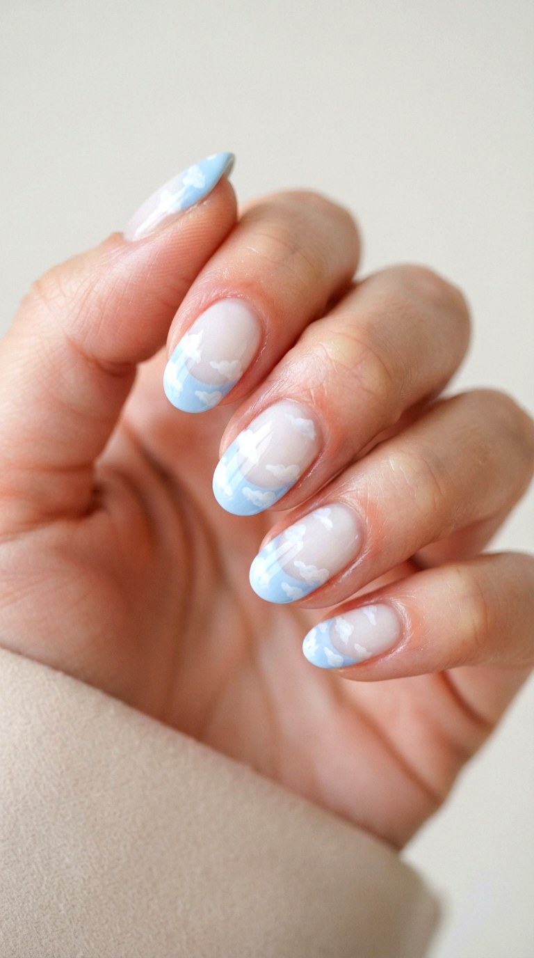 Sky Blue Cloud French Tip Design - 24 thick french tip nail art designs