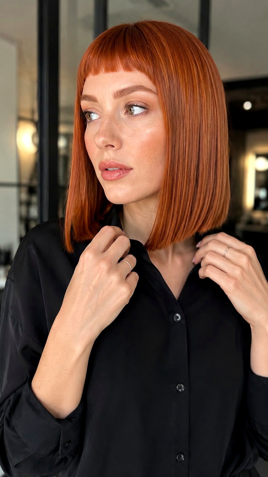 Sleek Lob with Baby Copper Bangs - 25 bangs copper ideas