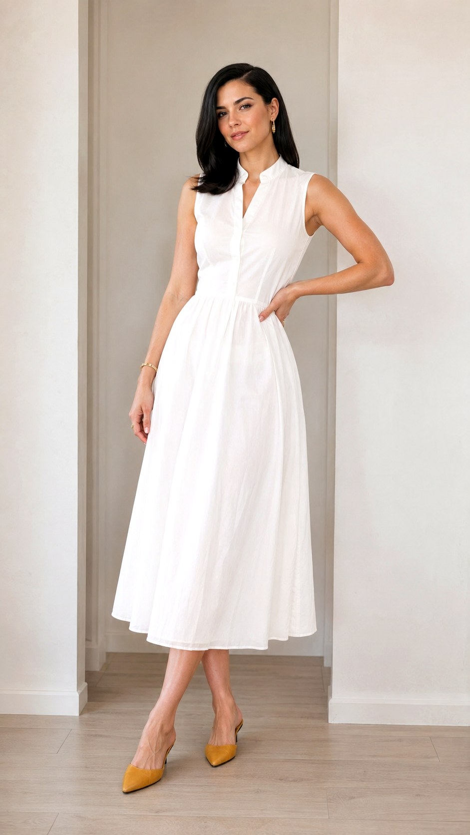 Sleeveless Mandarin Collar White Sundress - 21 white sundress outfit ideas