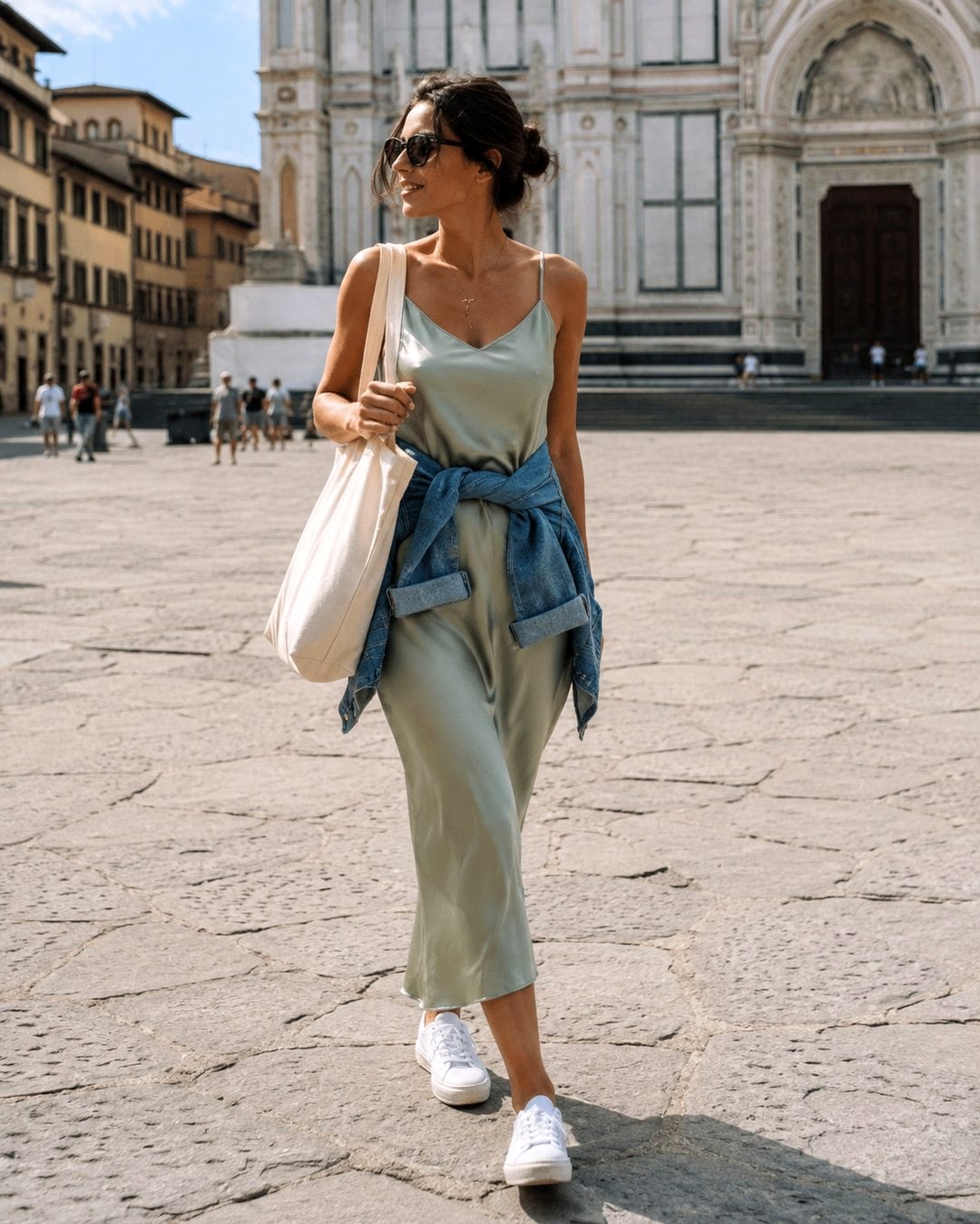 Slip Dress Paired With White Sneakers - 21 Cute Vacation Outfit Ideas