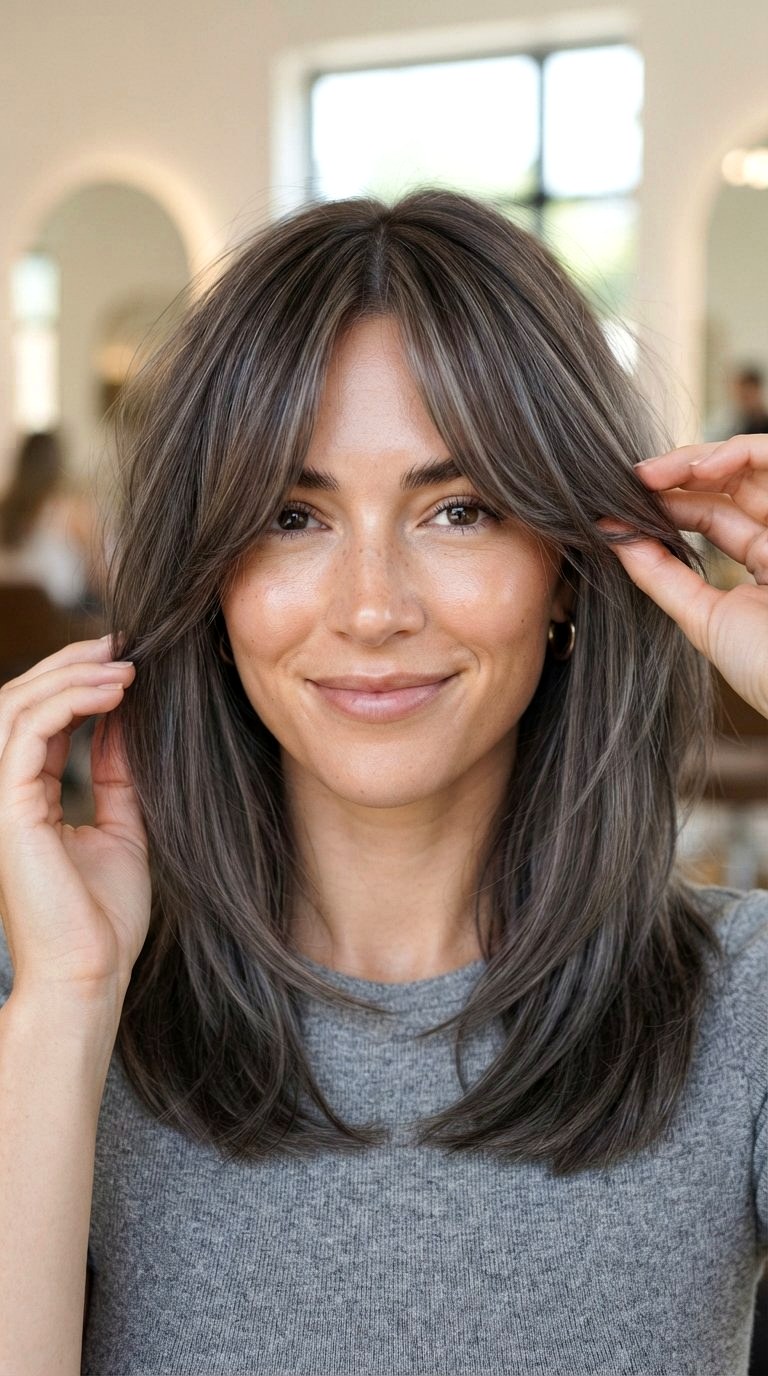 Smoky Ash Brown on Long Curtain Bangs - 21 long hair color ideas