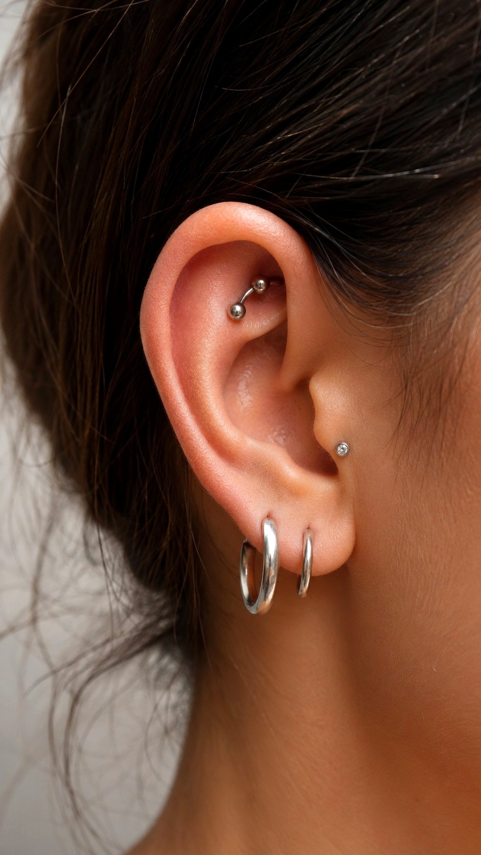 Snug Piercing With Barbell And Hoops - 21 Silver Earrings Stack Ideas