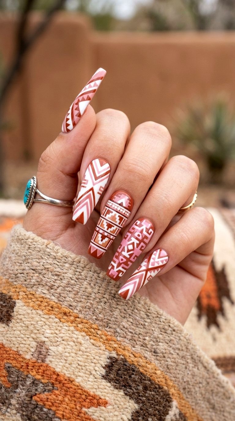 Southwestern Aztec Pink Patterns - 20 Desert Rose Pink Nail Ideas