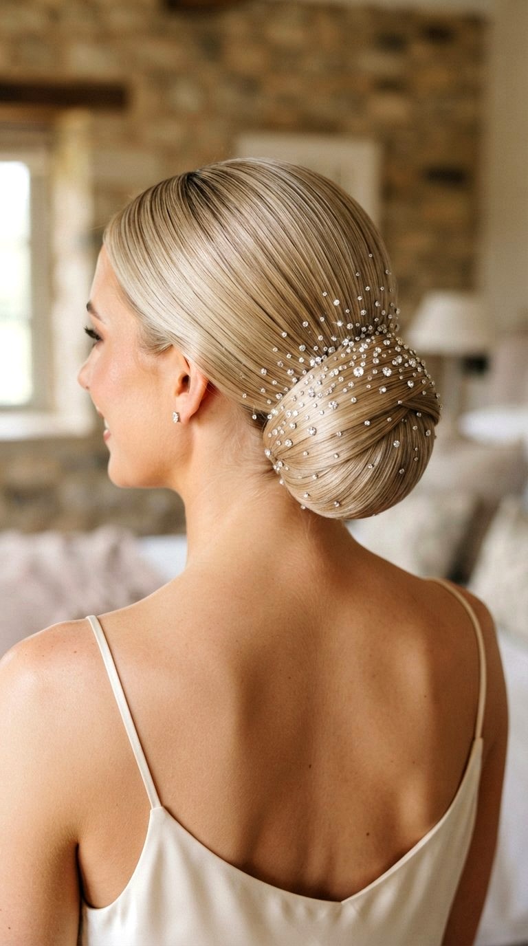 Sparkling Rhinestone Low Chignon - 20 prom bun hairstyles ideas