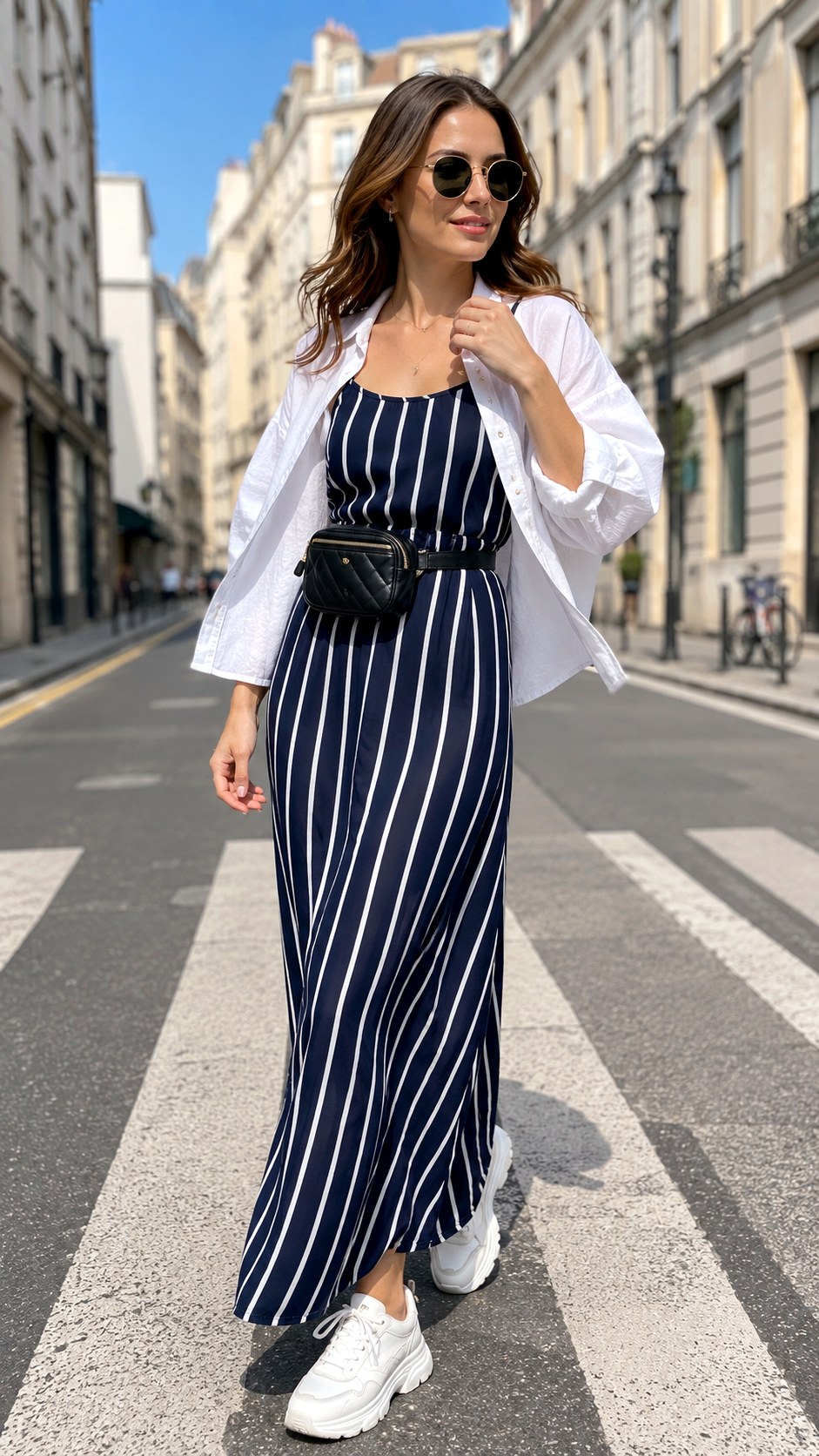 Sporty Striped Maxi With White Sneakers - 25 Summer Maxi Outfit Ideas