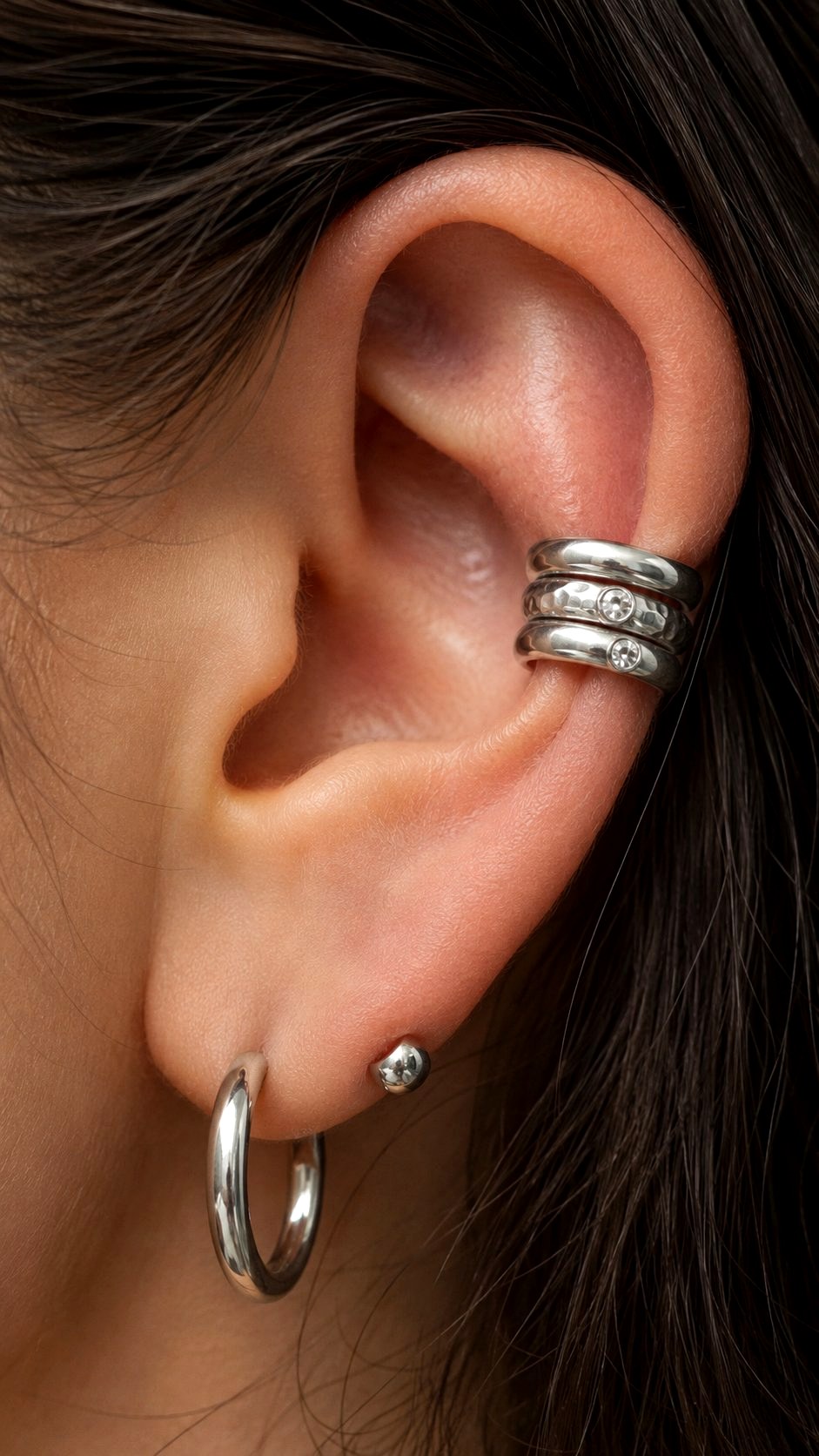 Stacked Upper Lobe Silver Huggies - 21 Silver Earrings Stack Ideas
