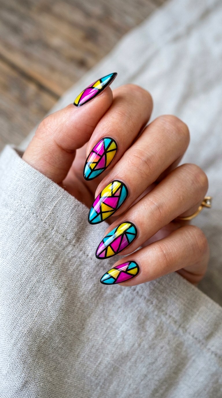 Stained Glass Vibrant Geometric Patterns - 24 Summer Nail Design Inspo