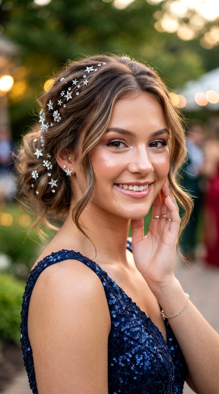 Starry Crystal Pinned Low Bun Prom - 20 low bun prom hairstyles ideas