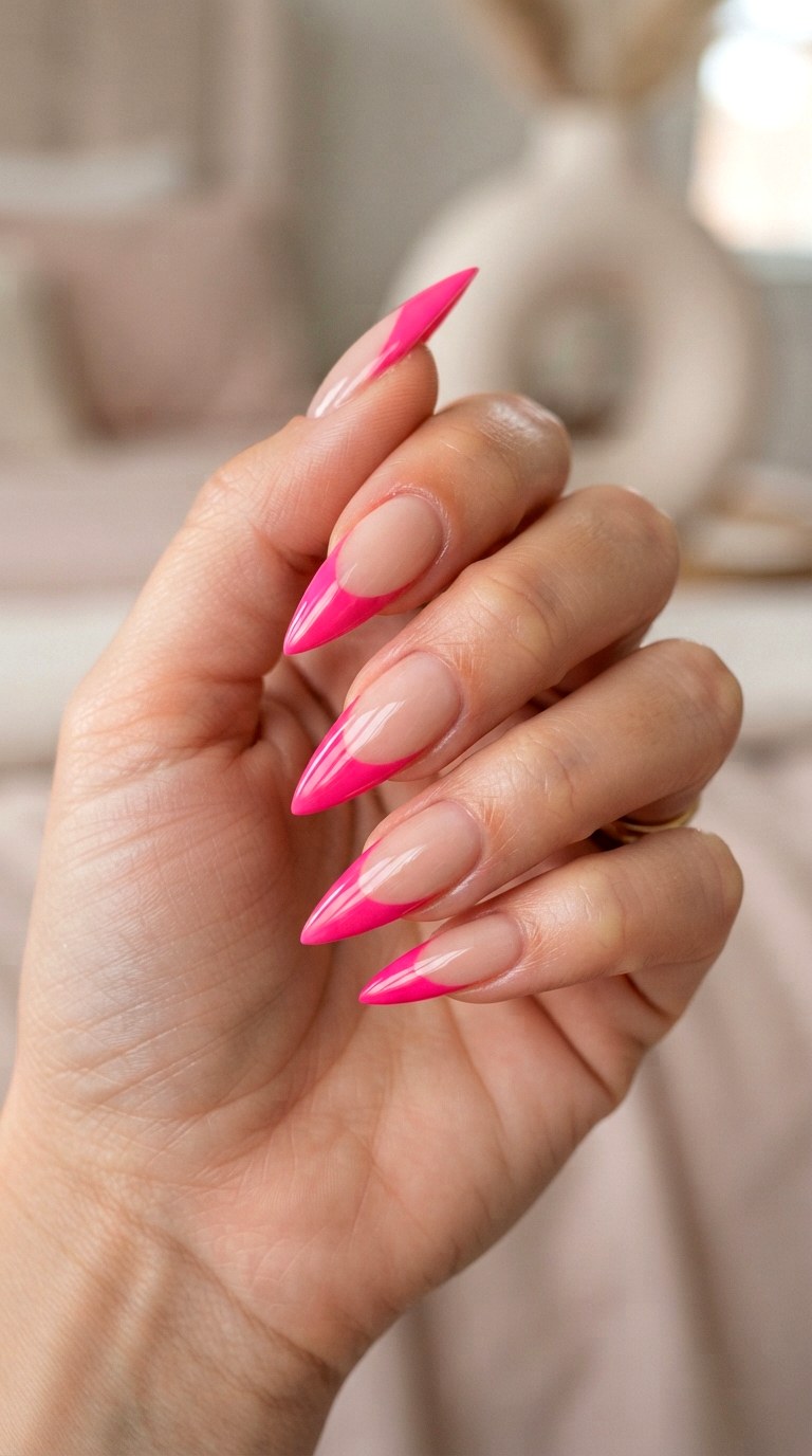 Stiletto Bright Pink French Nails - 22 bright pink french nails