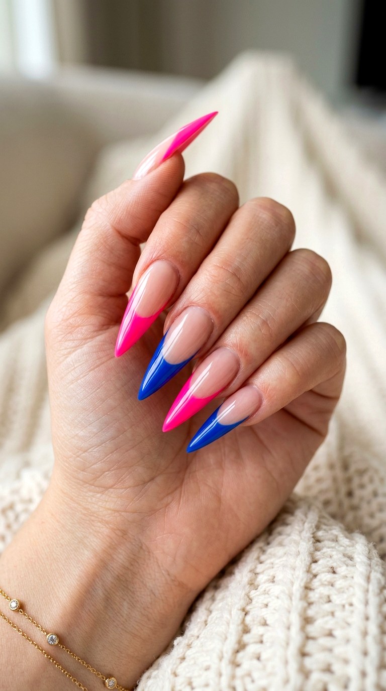 Stiletto Pink and Blue French Nails - 23 pink and blue french tip nails