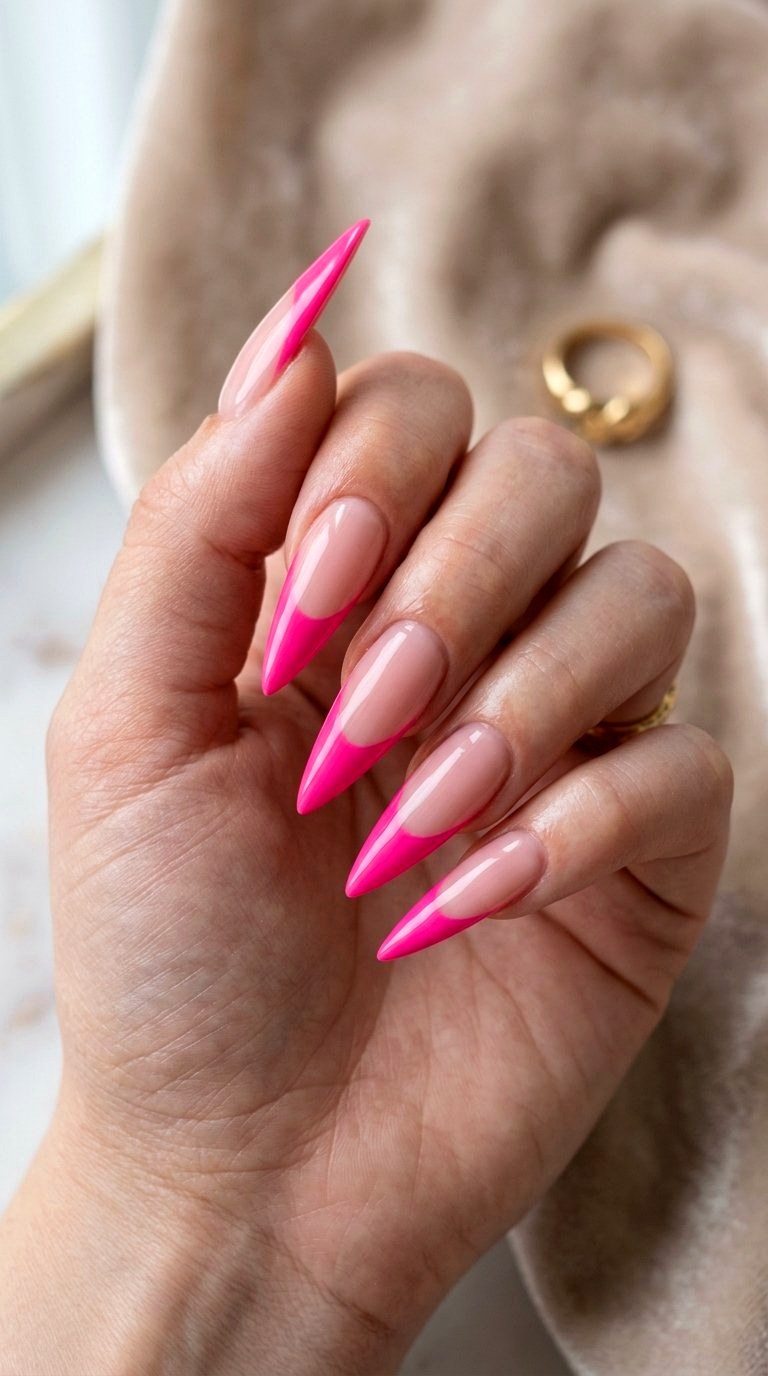 Stiletto Shaped Bright Pink French Tip Nails - 21 bright pink french tip nails