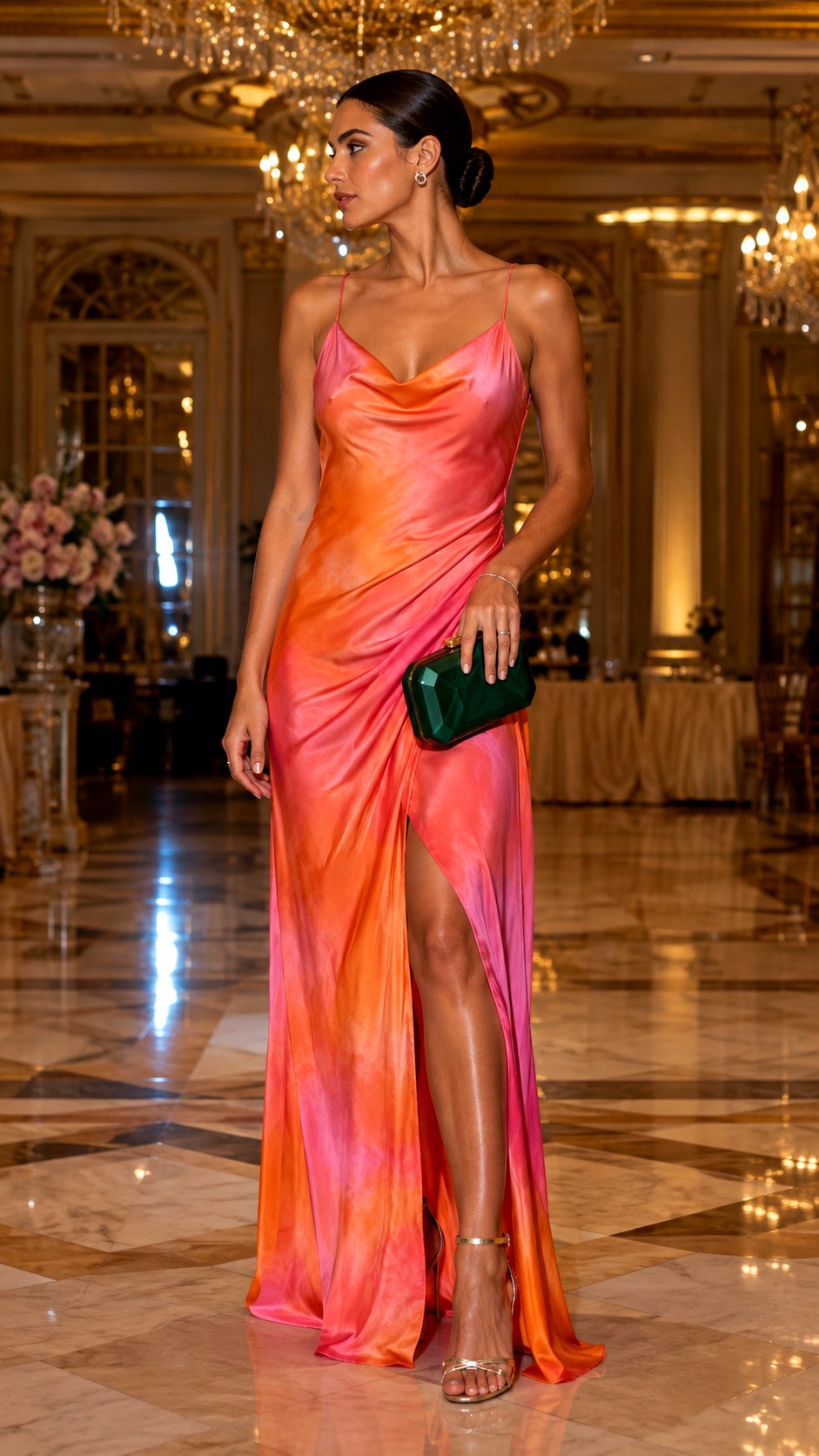 Strappy Heels and Bold Clutch - 25 Orange & Pink Slip Dress Ideas