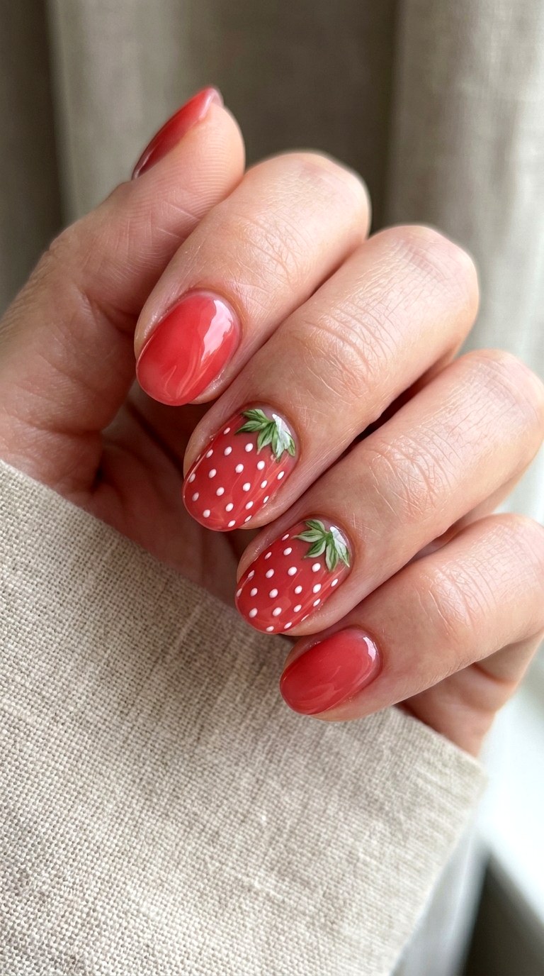 Strawberry Delight Hand Painted Fruit Art - 22 Summer Nail Art Ideas