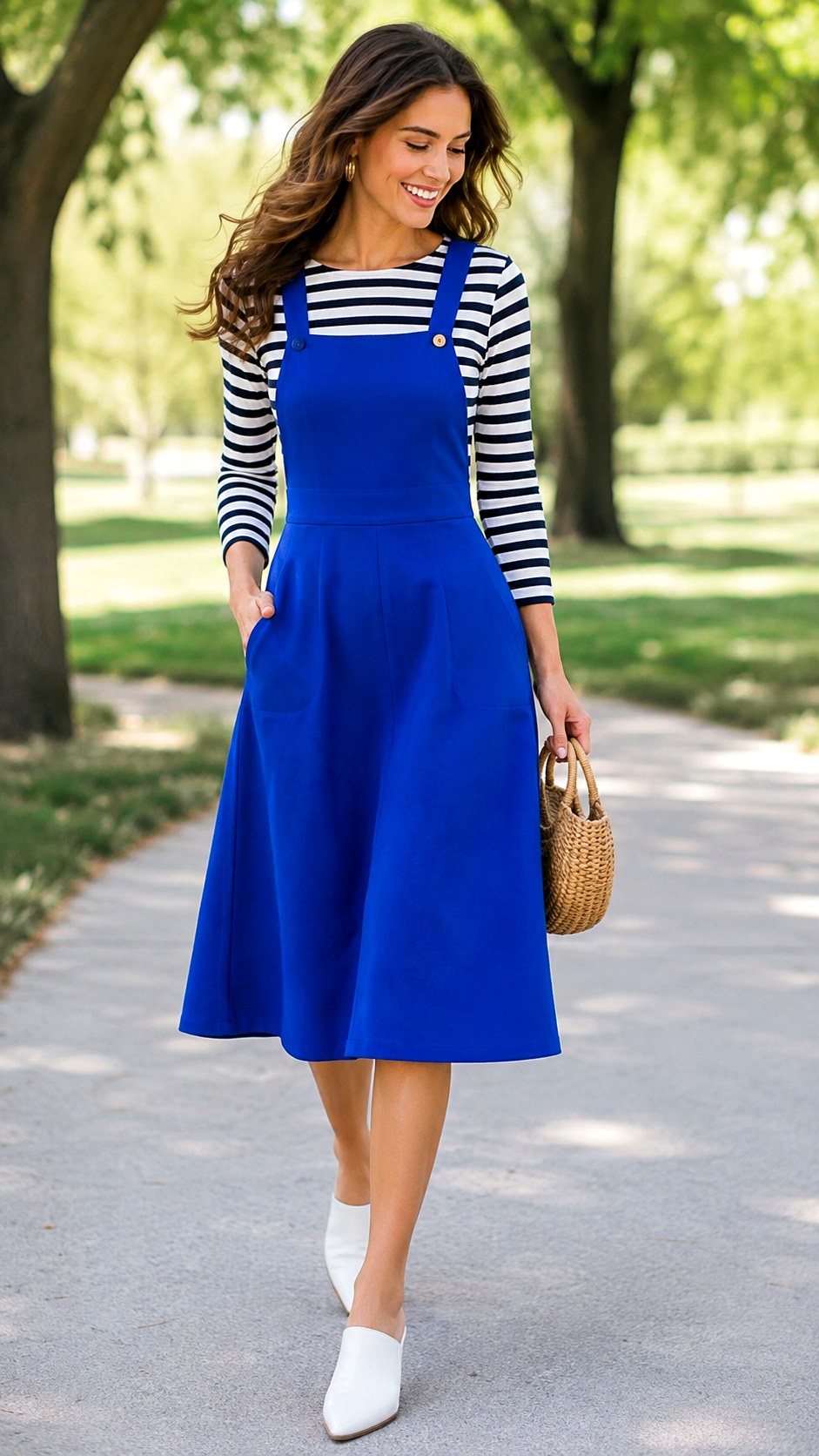 Striped Breton Top and White Mules - 25 Cobalt Blue Dress Outfit Ideas