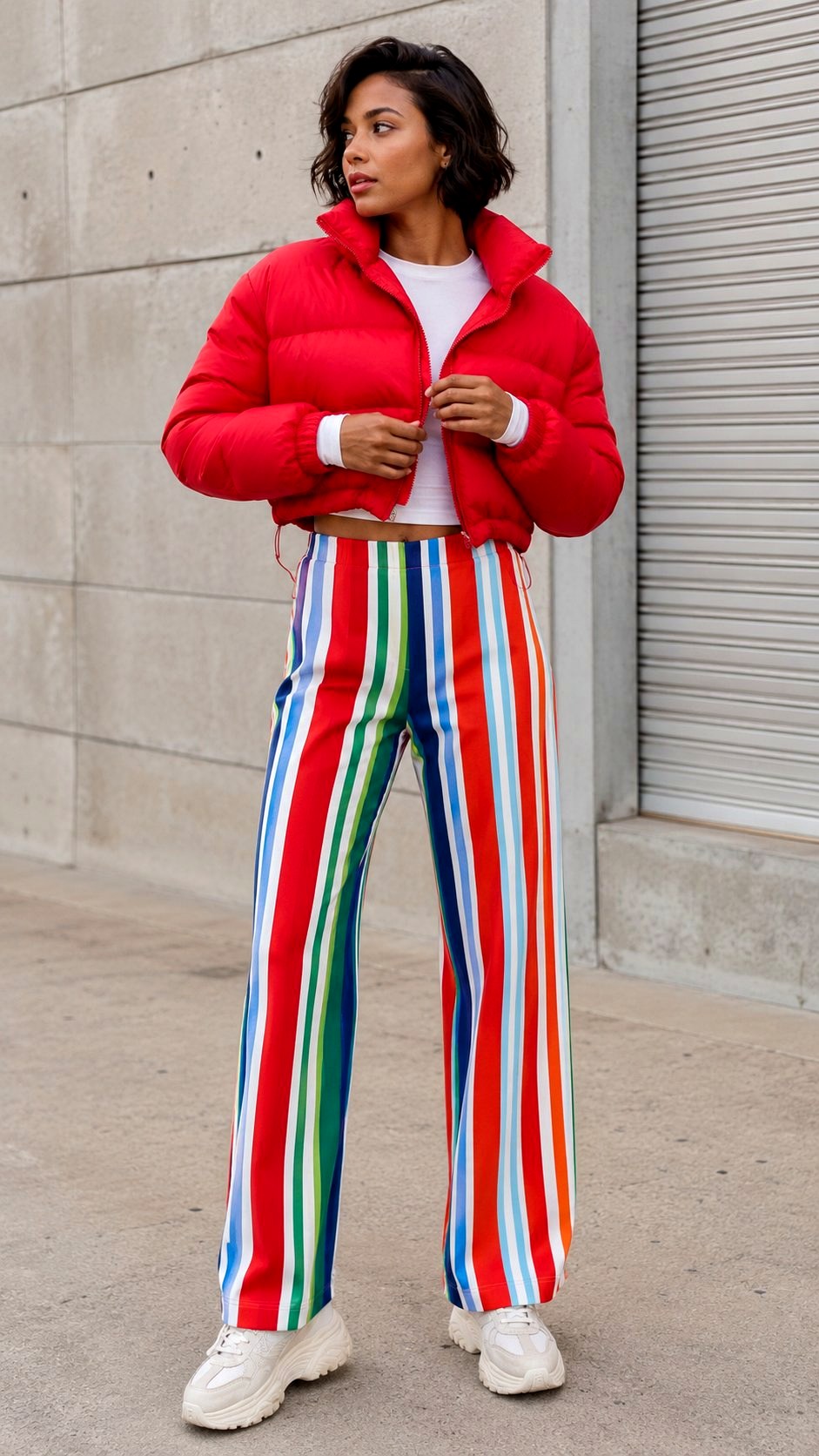 Striped Print Trousers with Puffer - 23 printed pants style ideas